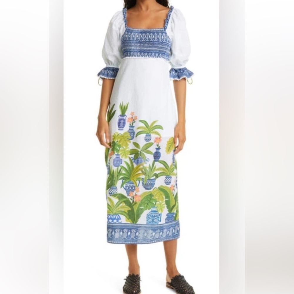 Farm Rio Forest Vase Blue and White Tropical Maxi Dress